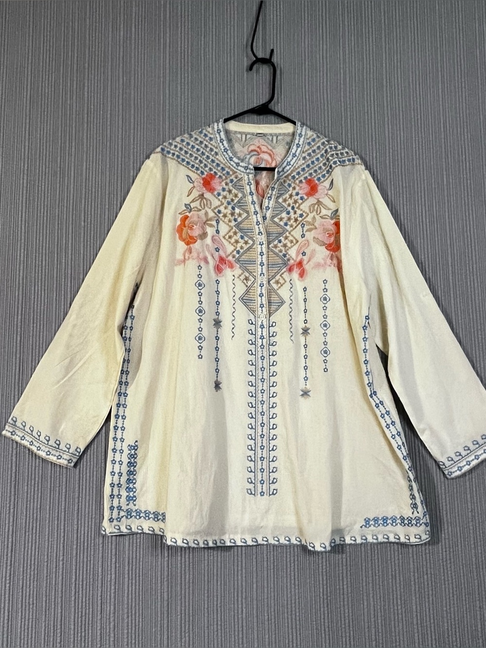 Boutique Style Embroidered Bohemian Tunic Blouse Top Cream Womens Plus 3XL